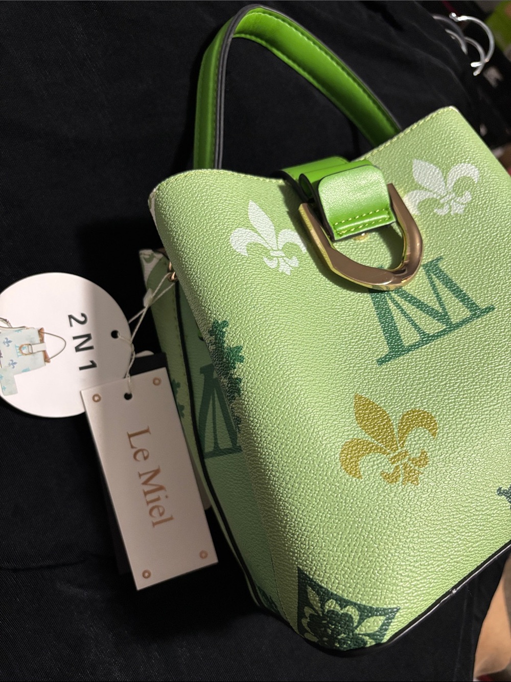 Le Miel Lime Green Patterned Satchel with Gold-Tone Buckle Accent